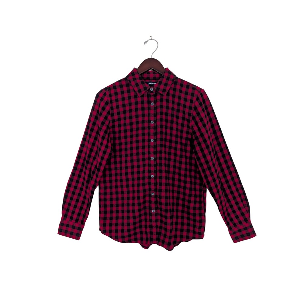 Lands' End Womens Red Black Buffalo Check Flannel Button Down Shirt Small 6-8